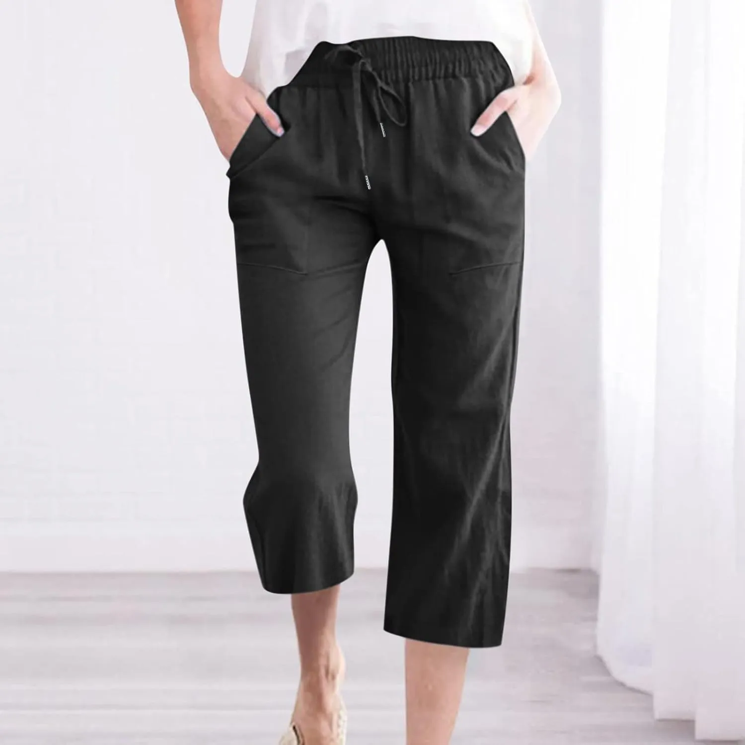 Linen Capri Pants for Women Casual 2025 Summer Drawstring Elastic High Waist Capris Wide Leg Cropped Trousers