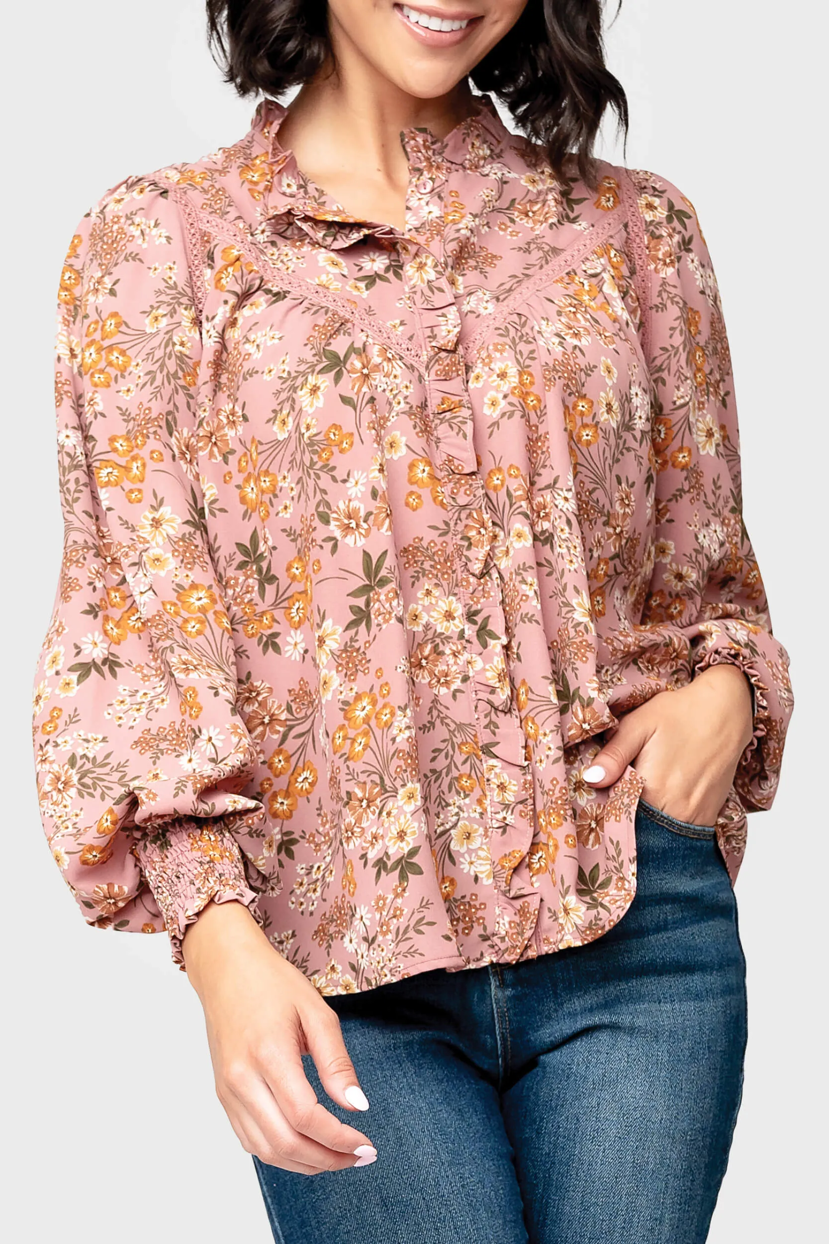 Long Sleeve Crochet Trim Blouse with Ruffle