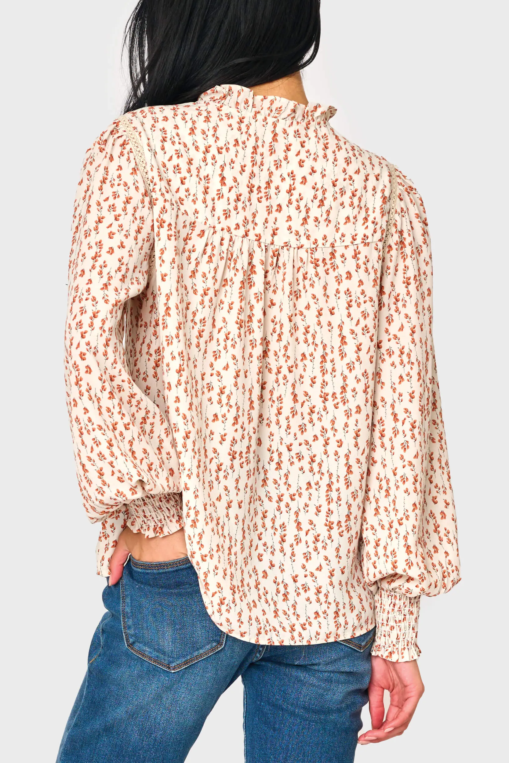 Long Sleeve Crochet Trim Blouse with Ruffle