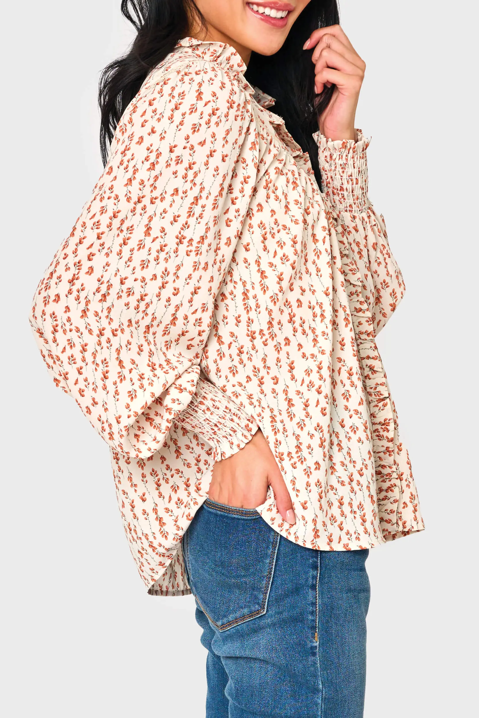 Long Sleeve Crochet Trim Blouse with Ruffle