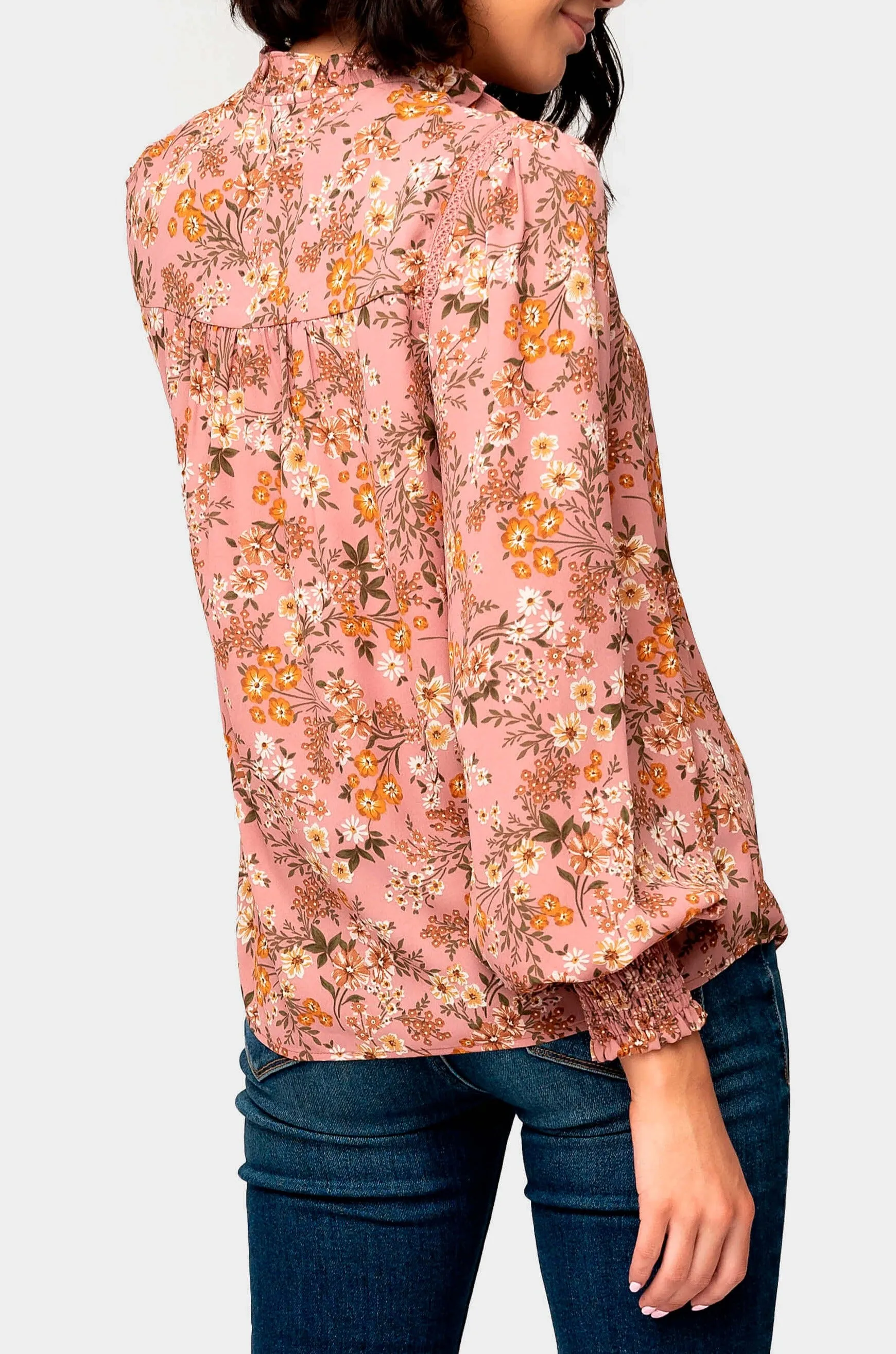 Long Sleeve Crochet Trim Blouse with Ruffle