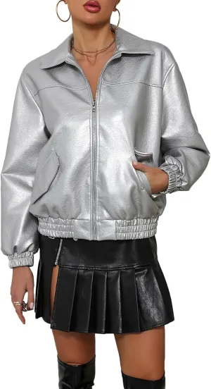 LY VAREY LIN Womens Faux Leather Jacket Long Sleeve Zip Up Casual Bomber Motorcycle Biker Coat