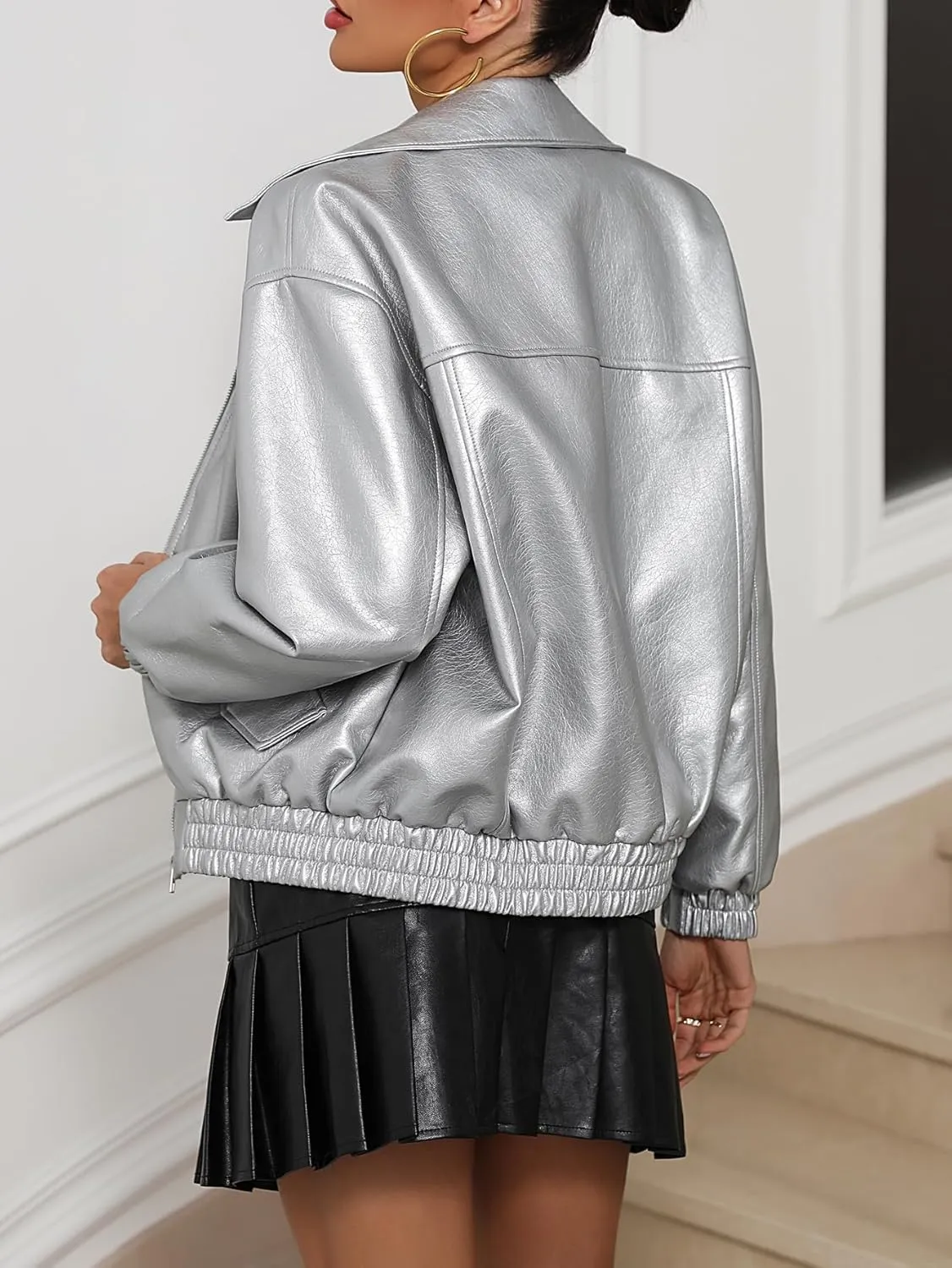 LY VAREY LIN Womens Faux Leather Jacket Long Sleeve Zip Up Casual Bomber Motorcycle Biker Coat