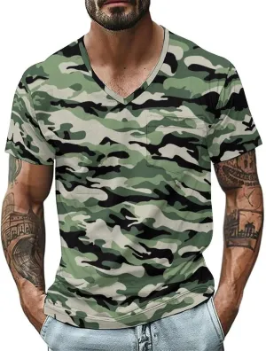 Mens V Neck Short Sleeve Camo Shirts Military Camouflage Performance Athletic T-Shirt Quick-Drying Casual Hunting Tee
