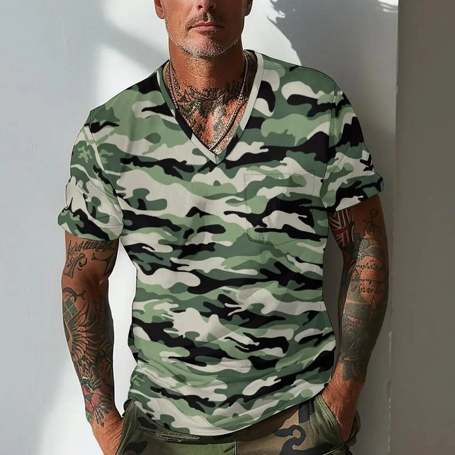 Mens V Neck Short Sleeve Camo Shirts Military Camouflage Performance Athletic T-Shirt Quick-Drying Casual Hunting Tee