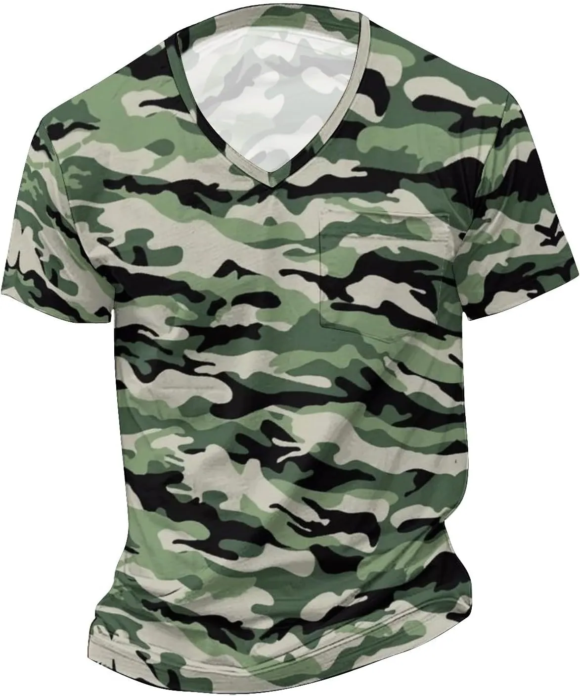 Mens V Neck Short Sleeve Camo Shirts Military Camouflage Performance Athletic T-Shirt Quick-Drying Casual Hunting Tee