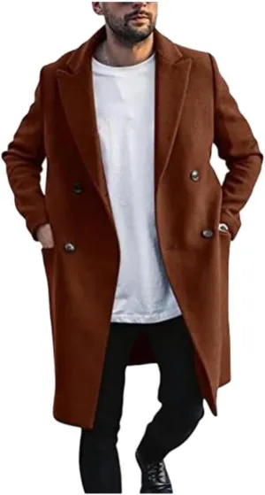 Men's Wool Blend Pea Coat Notched Collar Double Breasted Overcoat Warm Winter Trench Coat