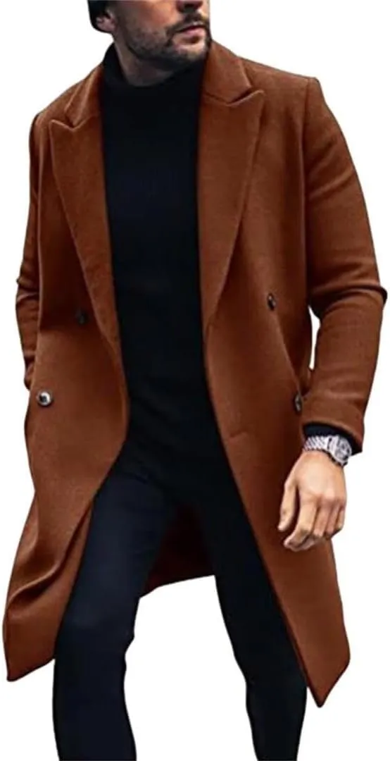 Men's Wool Blend Pea Coat Notched Collar Double Breasted Overcoat Warm Winter Trench Coat