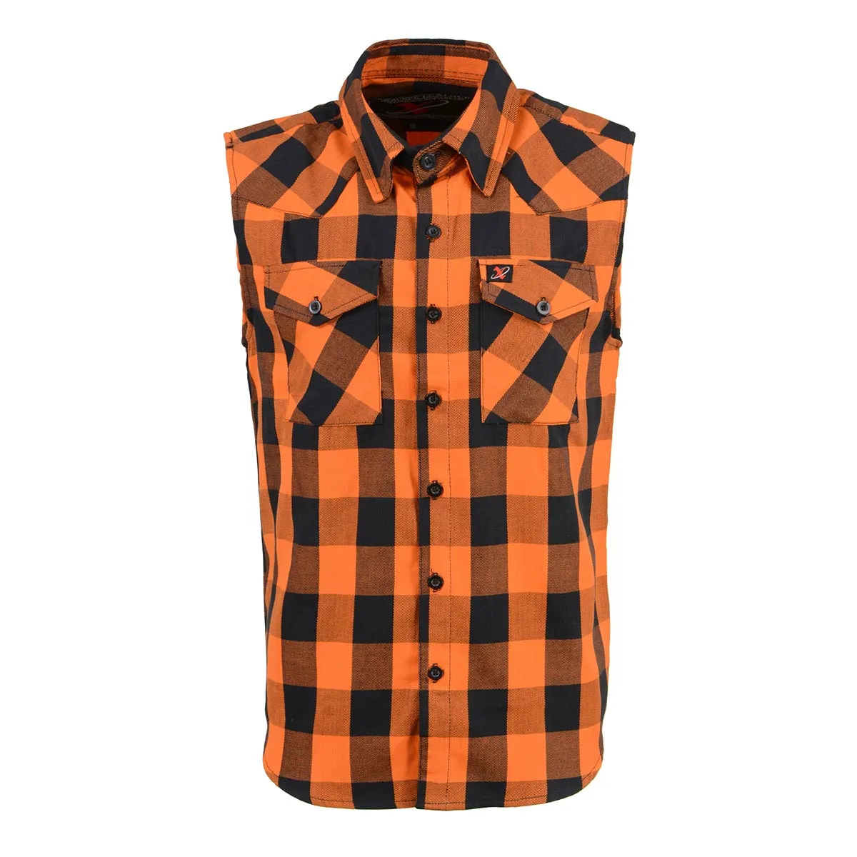 Milwaukee Leather MPM1655 Men's 'Checkered' Black and Orange Cut Off Flannel Shirt