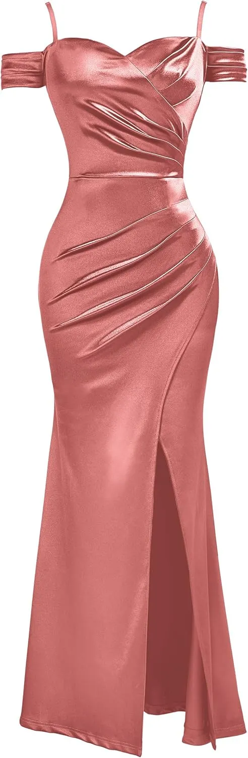 Miusol Women's Sexy Off Shoulder Satin High Split Ruched Style Evening Party Maxi Dress