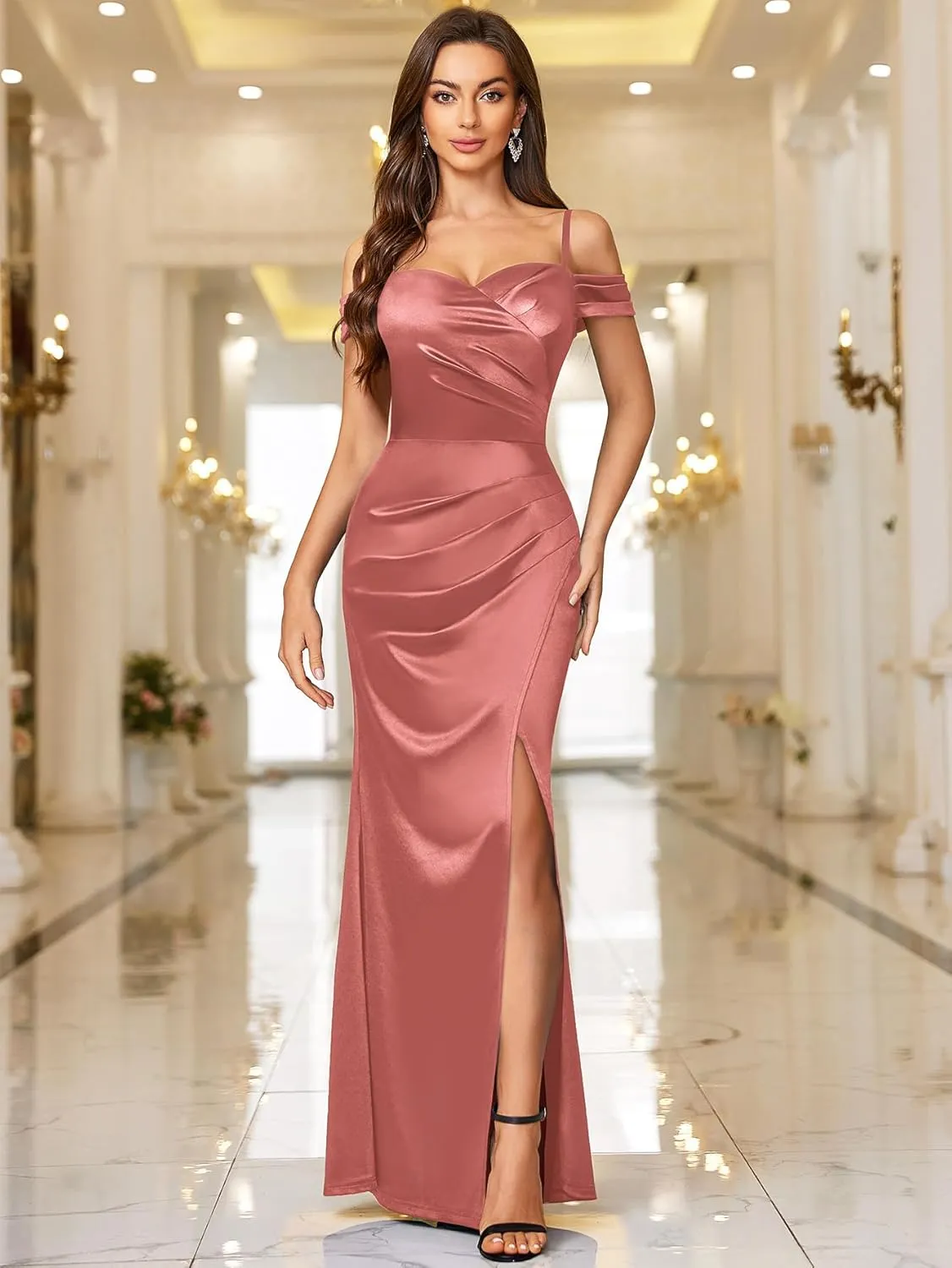 Miusol Women's Sexy Off Shoulder Satin High Split Ruched Style Evening Party Maxi Dress