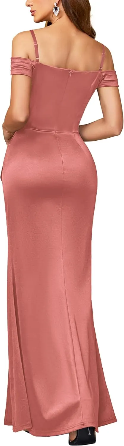 Miusol Women's Sexy Off Shoulder Satin High Split Ruched Style Evening Party Maxi Dress