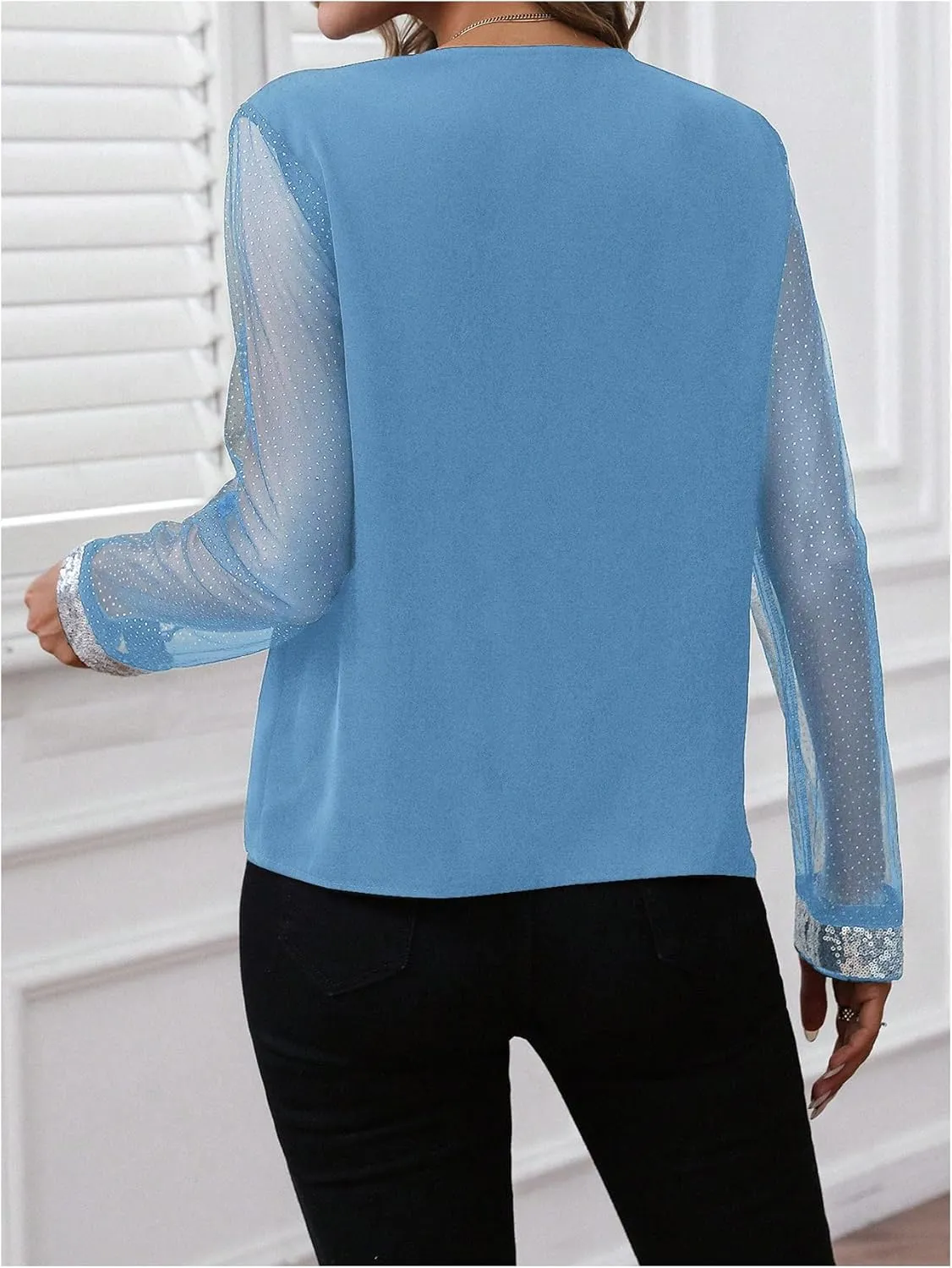 OYOANGLE Women's Sequin Contrast Mesh Blouse V Neck Long Sleeve Elegant Blouses Glitter Sheer Tops