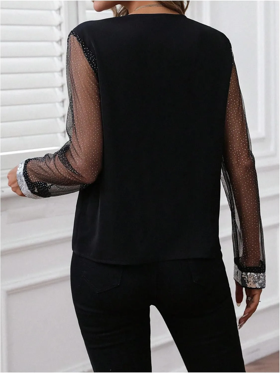 OYOANGLE Women's Sequin Contrast Mesh Blouse V Neck Long Sleeve Elegant Blouses Glitter Sheer Tops