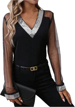 OYOANGLE Women's Sequin Contrast Mesh Blouse V Neck Long Sleeve Elegant Blouses Glitter Sheer Tops