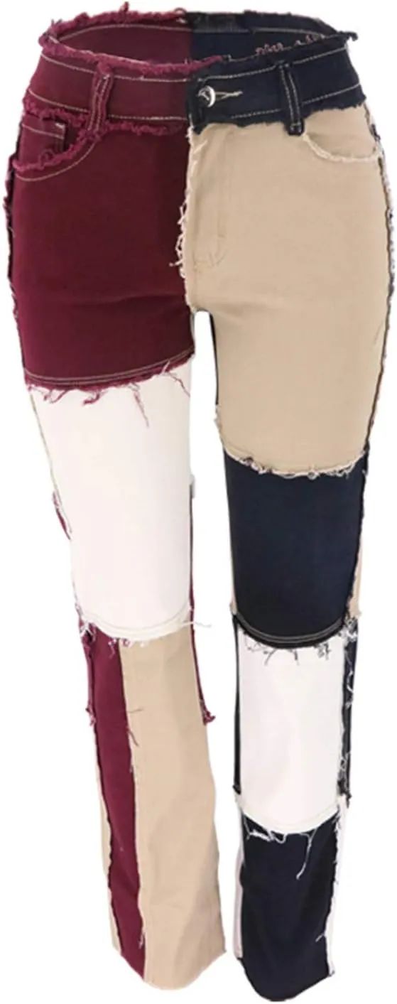 PAODIKUAI Women Patchwork Jeans Raw Hem Denim Pants Slim Bootcut Jean Hight Waist Distressed Straight Denim Jeans
