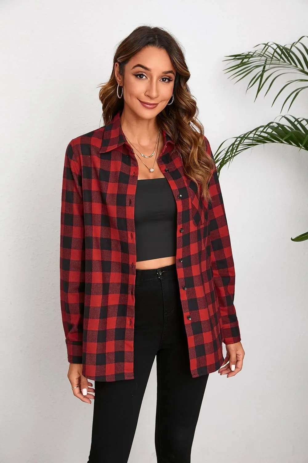 Plaid Shirts for Women Casual Button Down Flannel Shirt Plus Size Roll Up Long Sleeve Checkered Blouse Tops