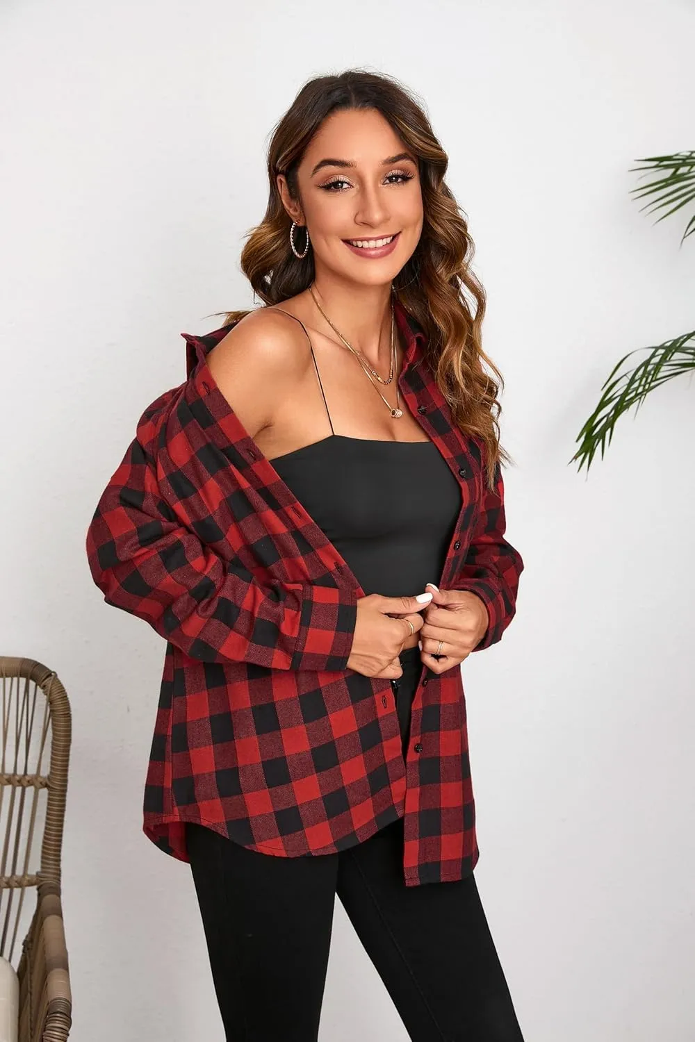 Plaid Shirts for Women Casual Button Down Flannel Shirt Plus Size Roll Up Long Sleeve Checkered Blouse Tops