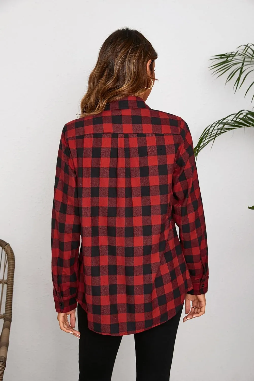 Plaid Shirts for Women Casual Button Down Flannel Shirt Plus Size Roll Up Long Sleeve Checkered Blouse Tops