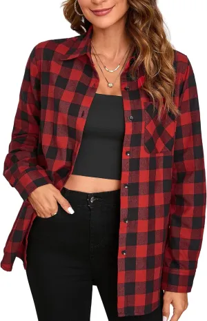 Plaid Shirts for Women Casual Button Down Flannel Shirt Plus Size Roll Up Long Sleeve Checkered Blouse Tops