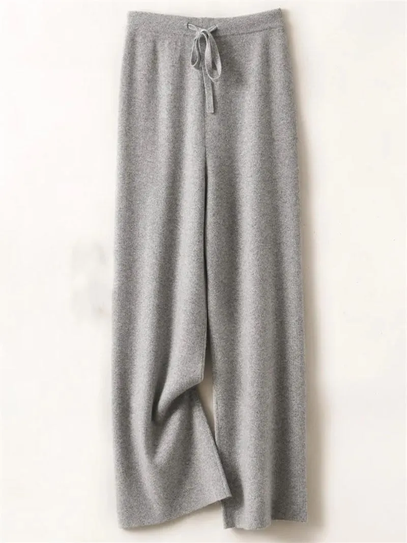 REHJJDFD Women's 100 Percent Wool Pants Soft Knitwear Wide Leg Pants Solid Casual with Drawstring Trousers