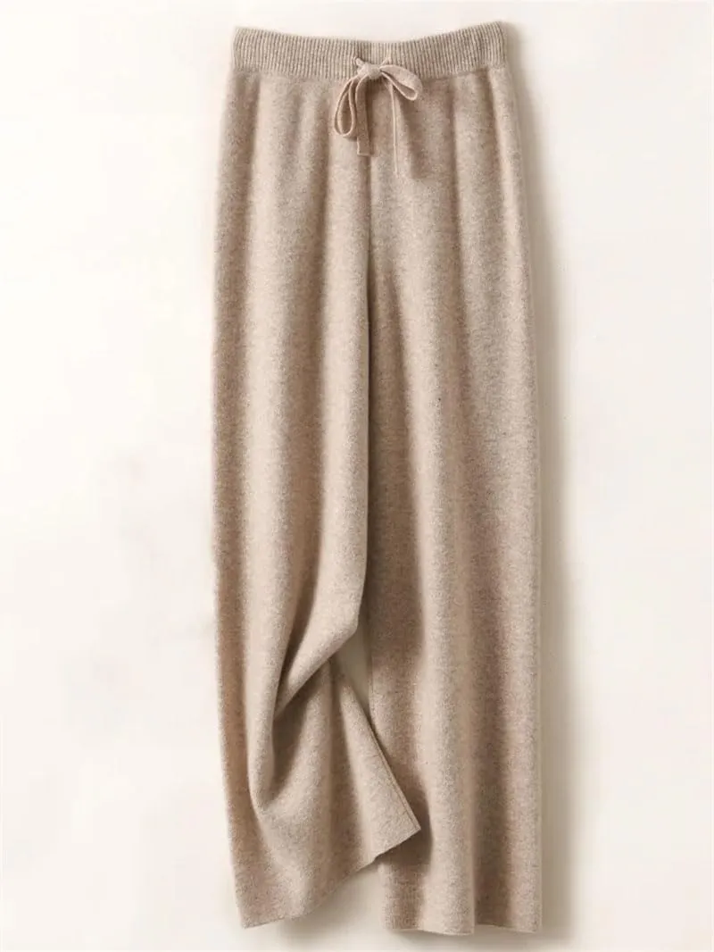 REHJJDFD Women's 100 Percent Wool Pants Soft Knitwear Wide Leg Pants Solid Casual with Drawstring Trousers