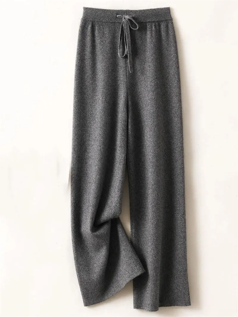 REHJJDFD Women's 100 Percent Wool Pants Soft Knitwear Wide Leg Pants Solid Casual with Drawstring Trousers