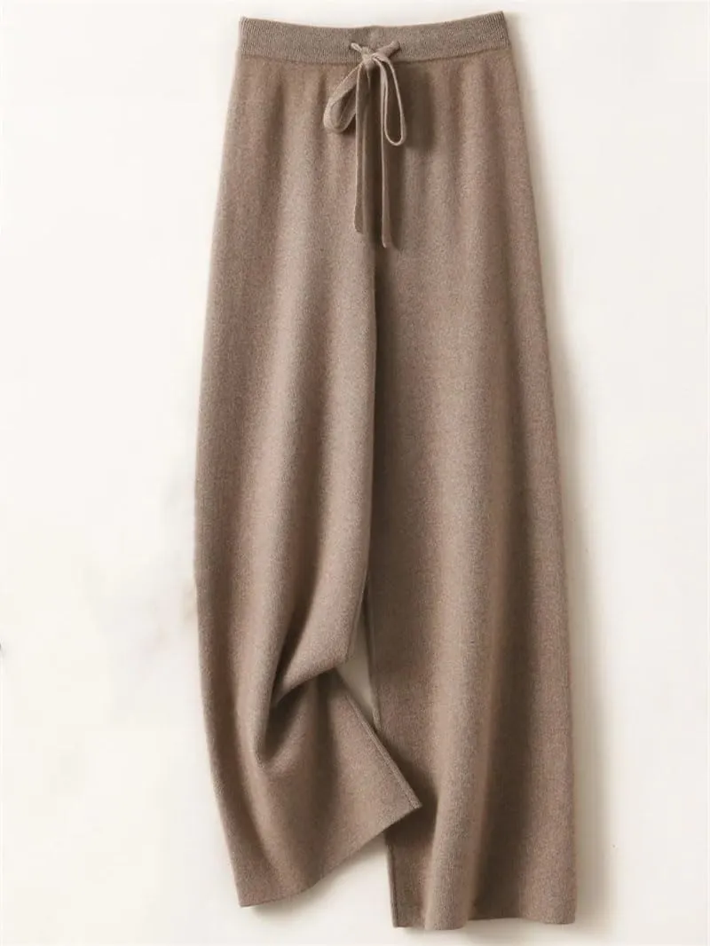 REHJJDFD Women's 100 Percent Wool Pants Soft Knitwear Wide Leg Pants Solid Casual with Drawstring Trousers