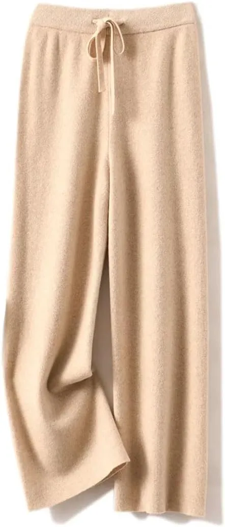 REHJJDFD Women's 100 Percent Wool Pants Soft Knitwear Wide Leg Pants Solid Casual with Drawstring Trousers
