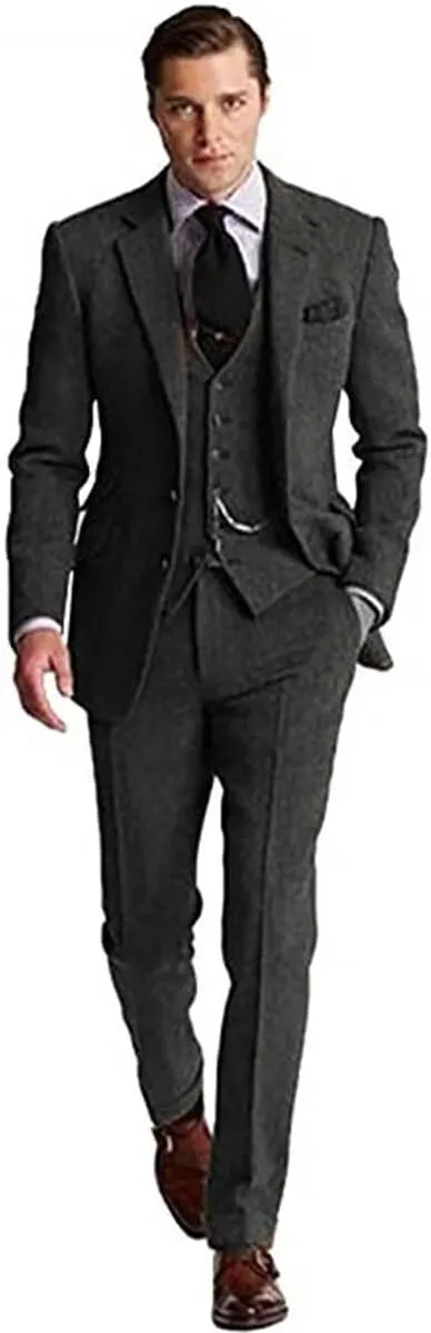 Retro Tweed Men's Suit 3 Piece Slim Fit Herringbone Suits Groom Tuxedos Set Wedding Prom Blazer Jacket Vest Pants for Men