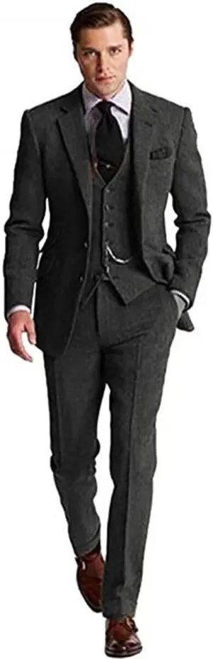 Retro Tweed Men's Suit 3 Piece Slim Fit Herringbone Suits Groom Tuxedos Set Wedding Prom Blazer Jacket Vest Pants for Men