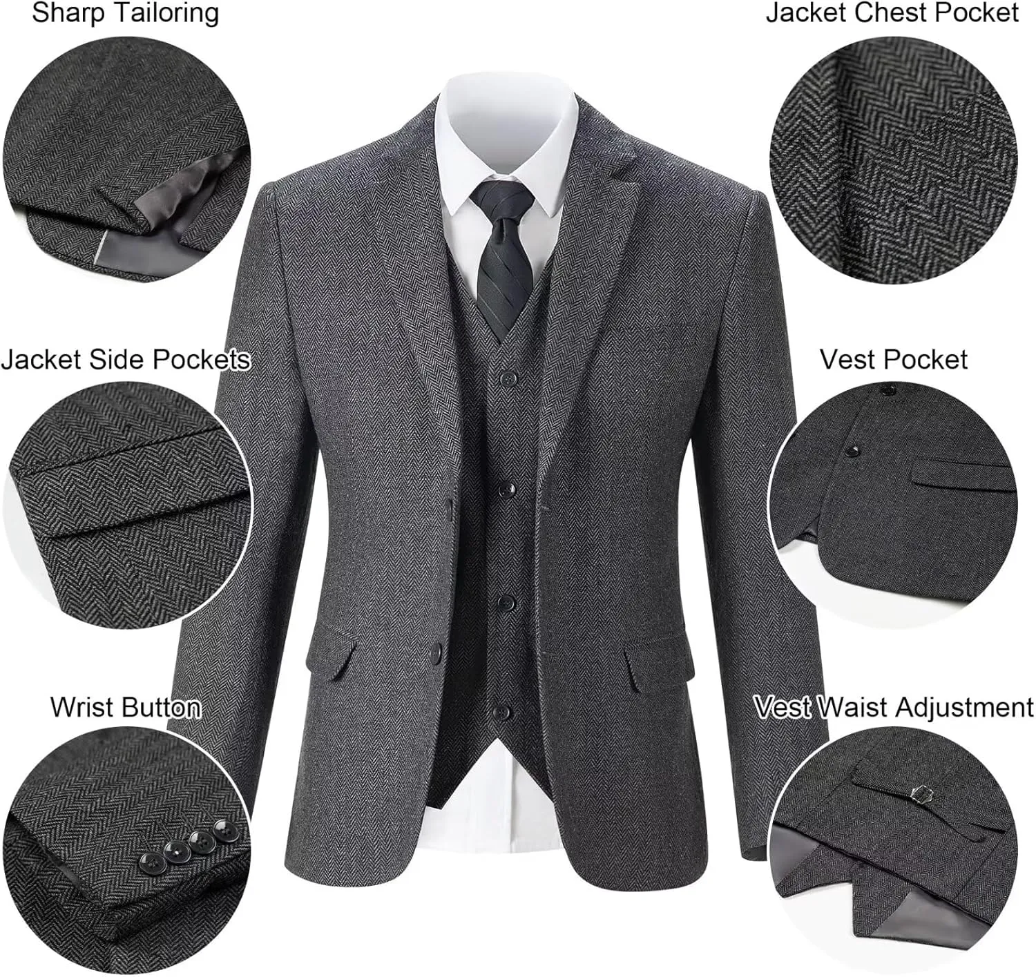 Retro Tweed Men's Suit 3 Piece Slim Fit Herringbone Suits Groom Tuxedos Set Wedding Prom Blazer Jacket Vest Pants for Men