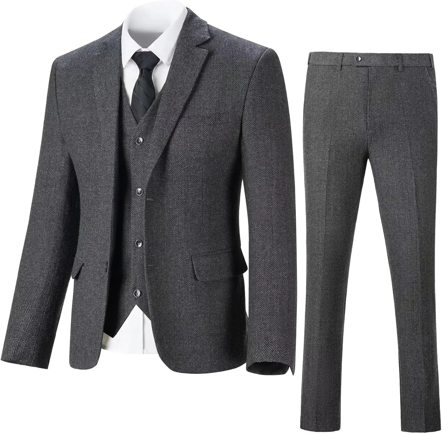 Retro Tweed Men's Suit 3 Piece Slim Fit Herringbone Suits Groom Tuxedos Set Wedding Prom Blazer Jacket Vest Pants for Men