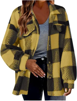 Sherpa Jacket Women Oversized Long Sleeve Furry Fleece Shacket Jackets Trendy Draped Plaid Button Down Winter Coats