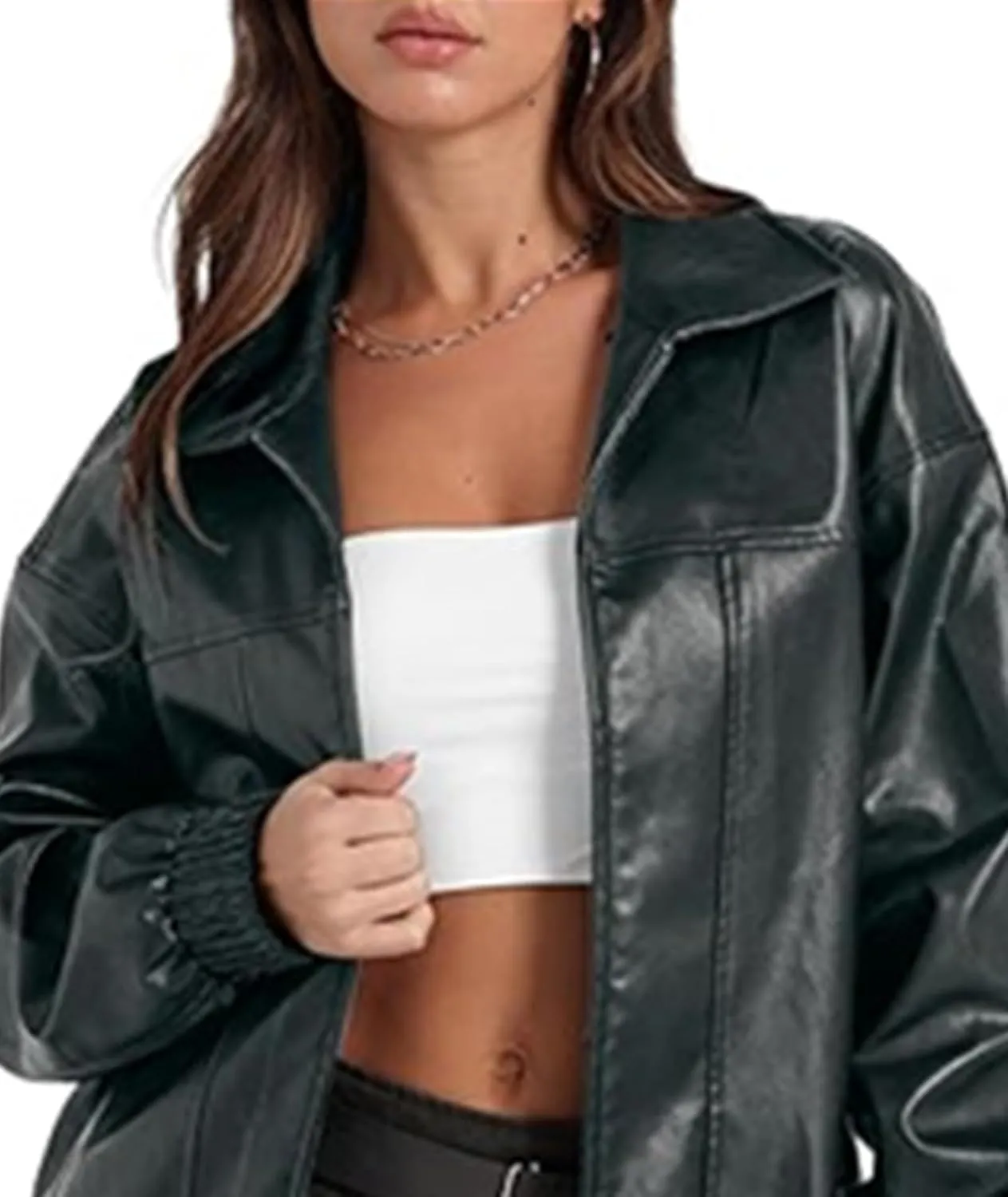SOMTHRON Women's Oversized Leather Jackets Faux Casual Zip Up Fall Motorcycle Bomber Outfits Winter Fashion Clothes