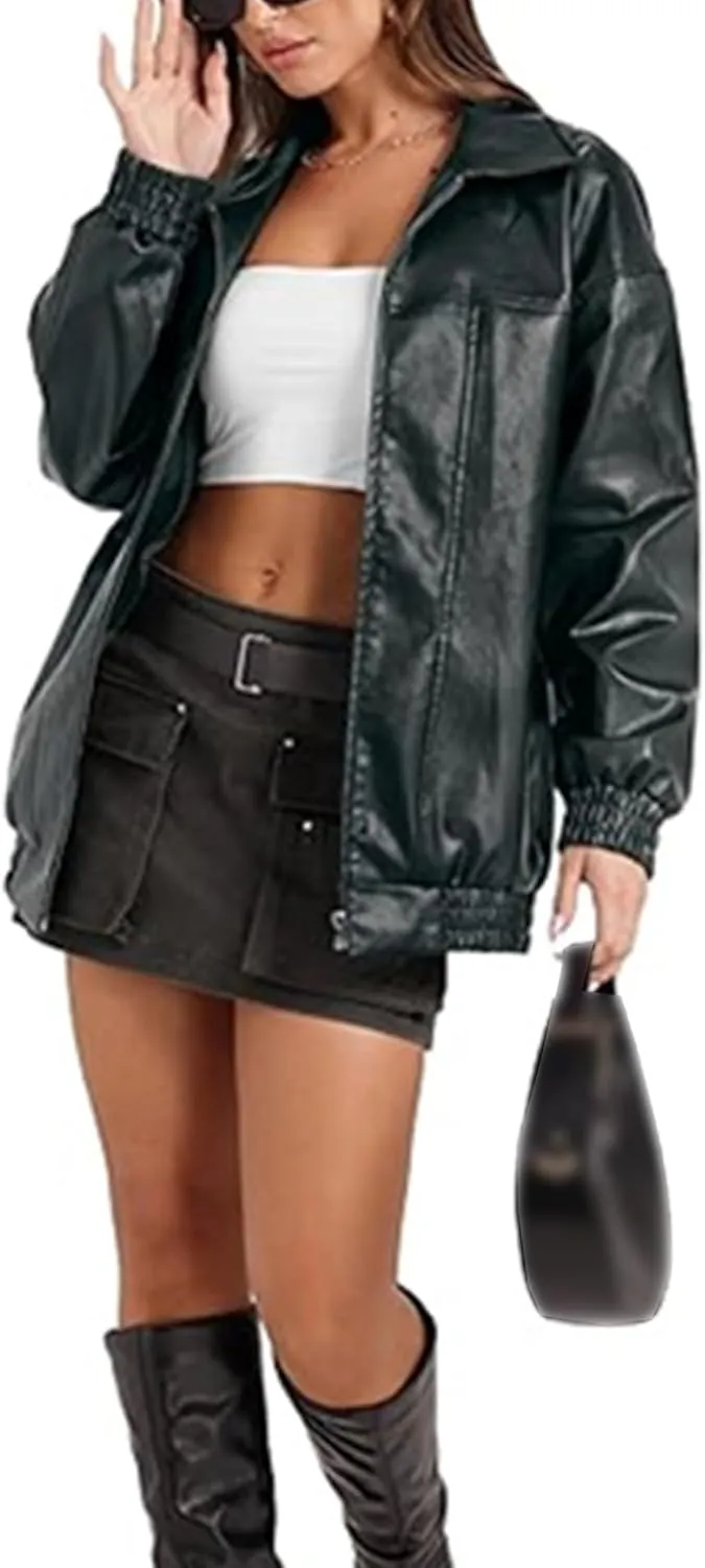 SOMTHRON Women's Oversized Leather Jackets Faux Casual Zip Up Fall Motorcycle Bomber Outfits Winter Fashion Clothes