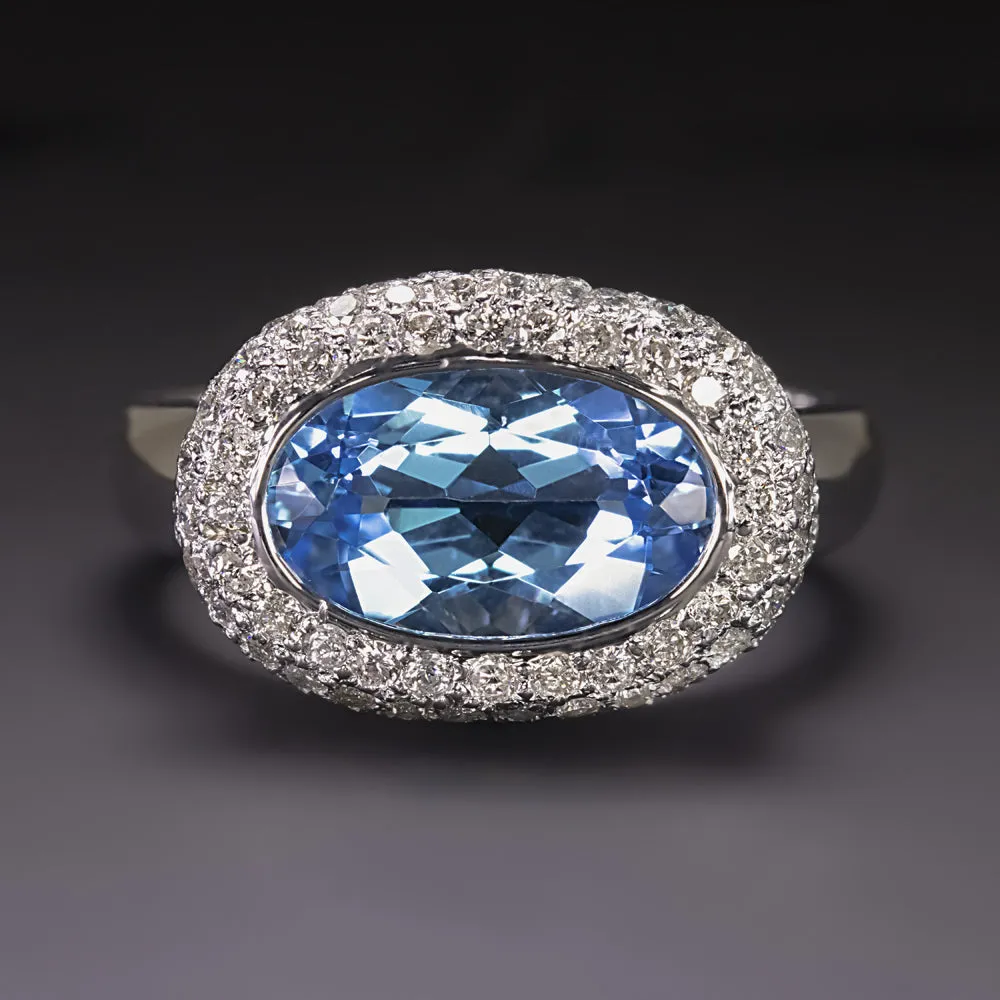 SWISS BLUE TOPAZ DIAMOND HALO RING 14k WHITE GOLD EAST WEST OVAL SHAPE BEZEL