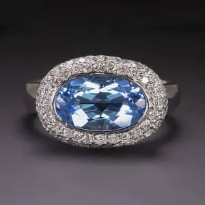 SWISS BLUE TOPAZ DIAMOND HALO RING 14k WHITE GOLD EAST WEST OVAL SHAPE BEZEL
