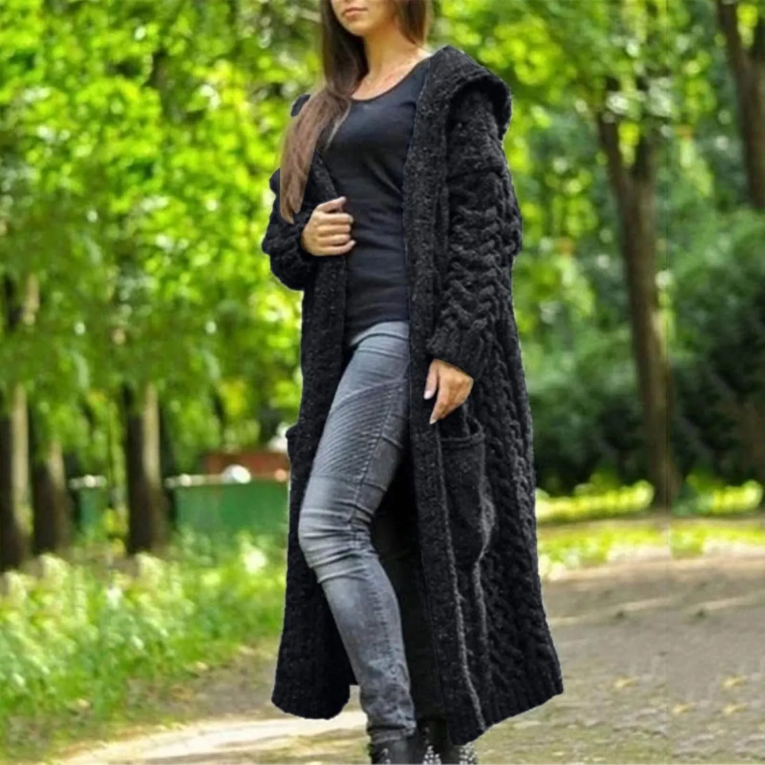 Tan Open Sweater Knitted Women Pocket Hooded Sweater Solid Solid Cardigan Coat Loose Long Big Soft Sweaters for