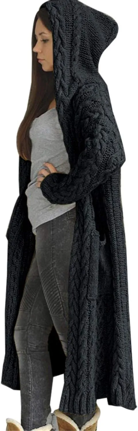 Tan Open Sweater Knitted Women Pocket Hooded Sweater Solid Solid Cardigan Coat Loose Long Big Soft Sweaters for