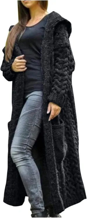 Tan Open Sweater Knitted Women Pocket Hooded Sweater Solid Solid Cardigan Coat Loose Long Big Soft Sweaters for
