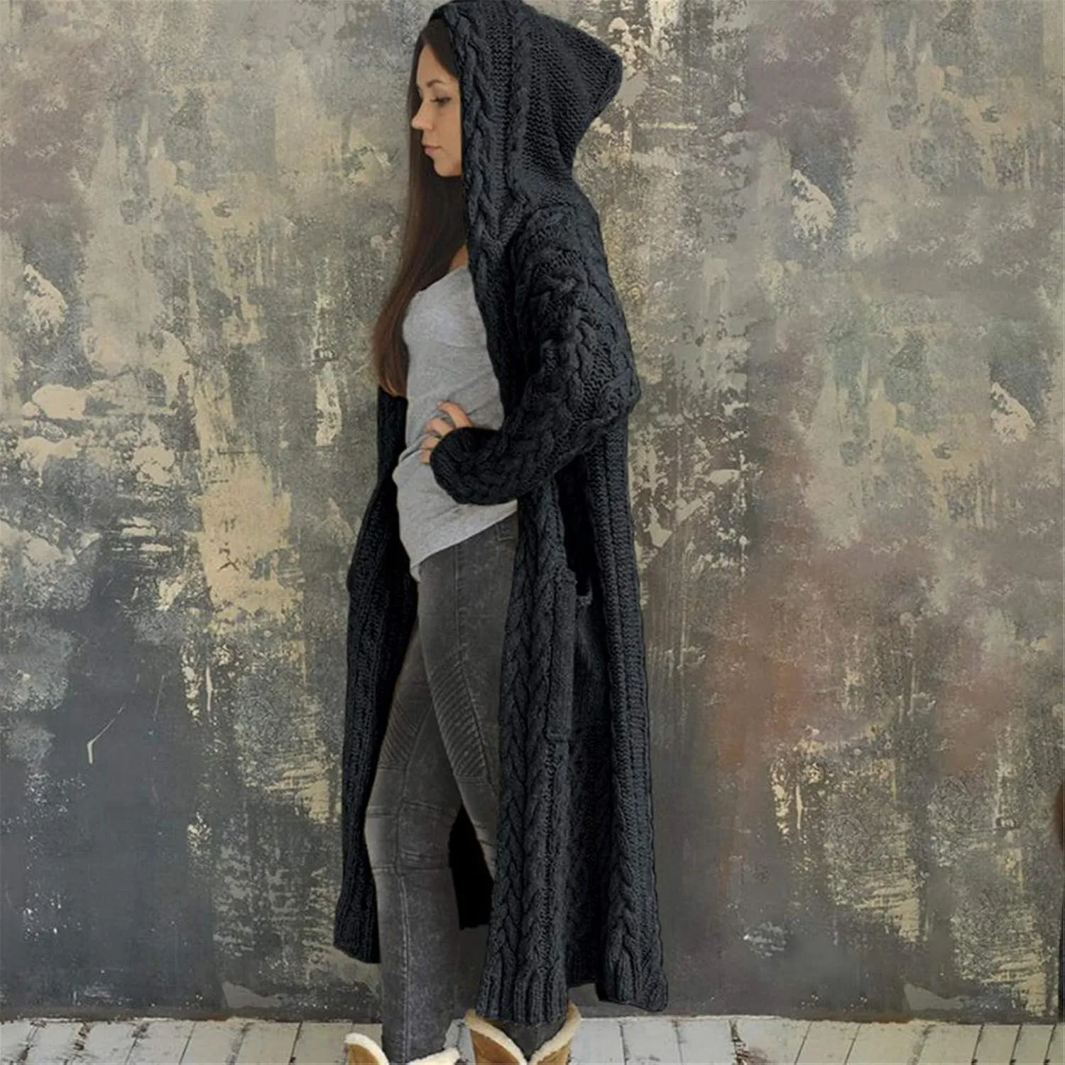 Tan Open Sweater Knitted Women Pocket Hooded Sweater Solid Solid Cardigan Coat Loose Long Big Soft Sweaters for