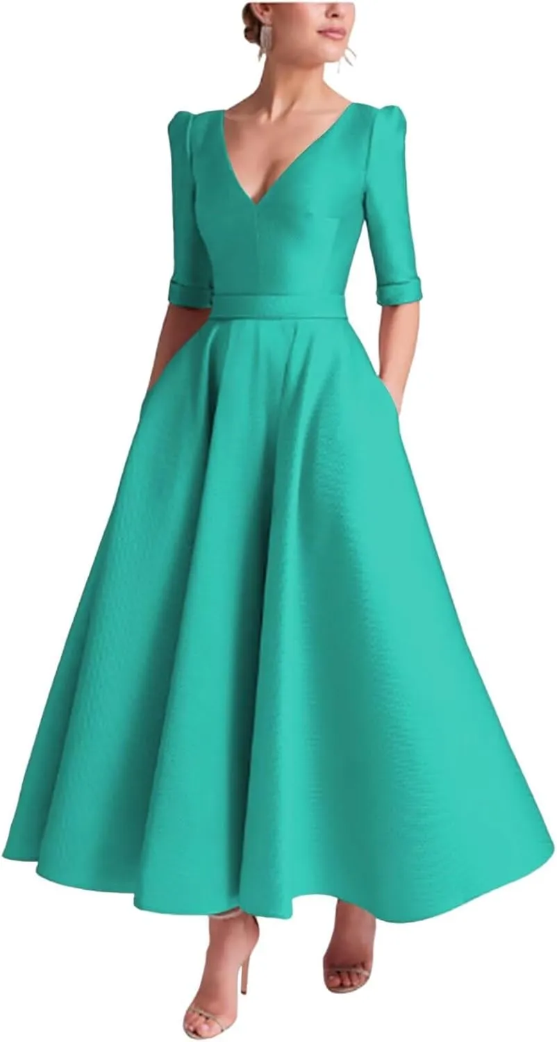 Tea Length Prom Dresses for Women Satin Elegant Formal Evening Gown A Line Wedding Guest Dress with Sleeves