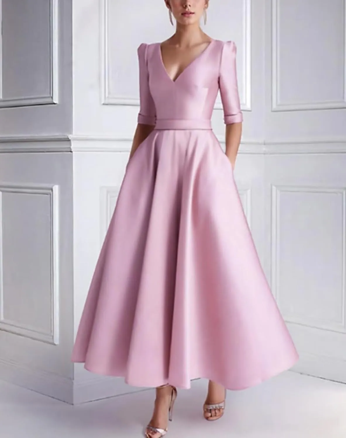 Tea Length Prom Dresses for Women Satin Elegant Formal Evening Gown A Line Wedding Guest Dress with Sleeves
