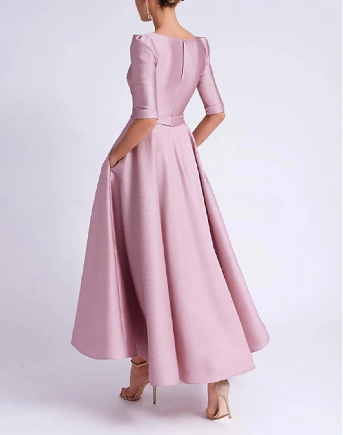 Tea Length Prom Dresses for Women Satin Elegant Formal Evening Gown A Line Wedding Guest Dress with Sleeves