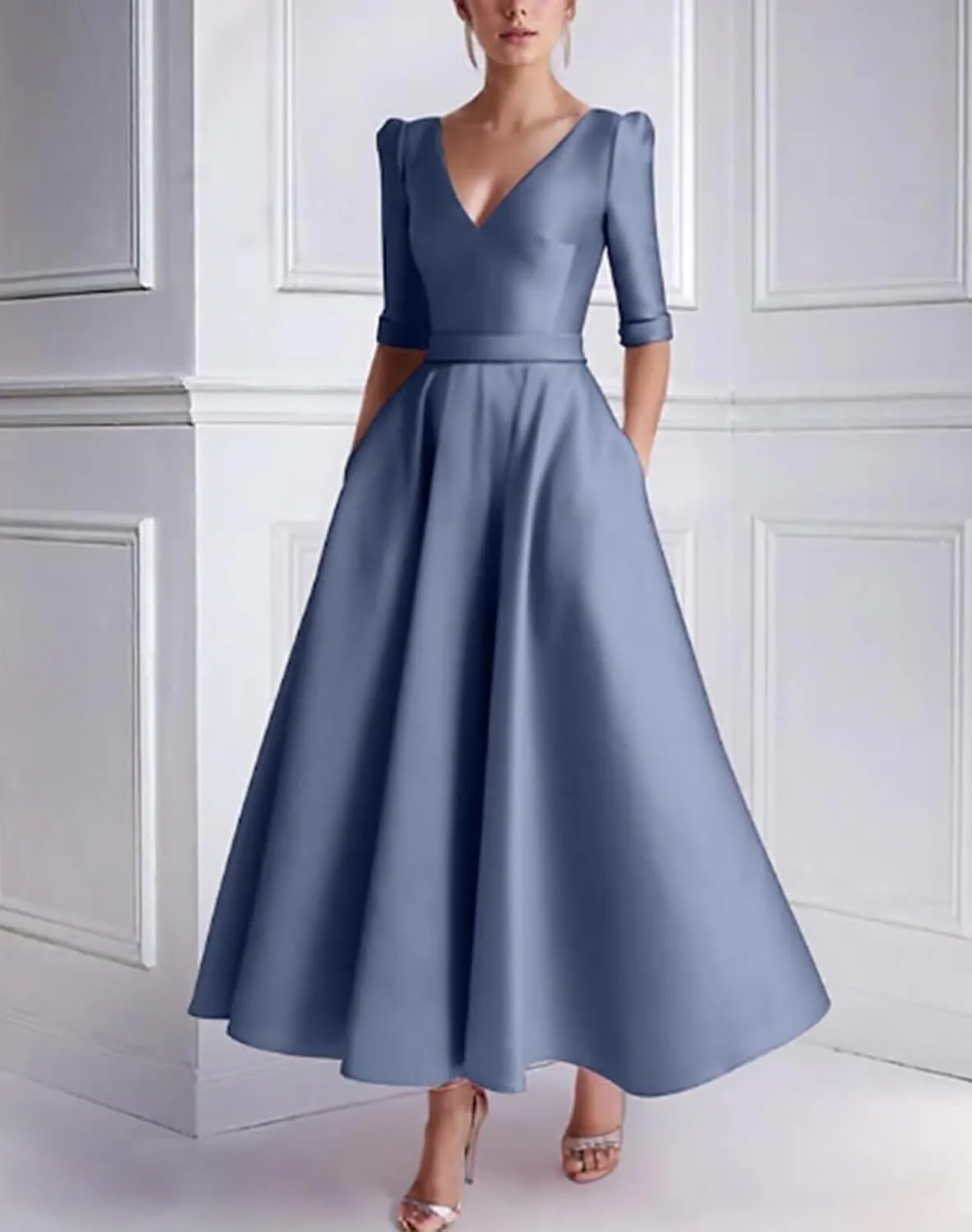 Tea Length Prom Dresses for Women Satin Elegant Formal Evening Gown A Line Wedding Guest Dress with Sleeves