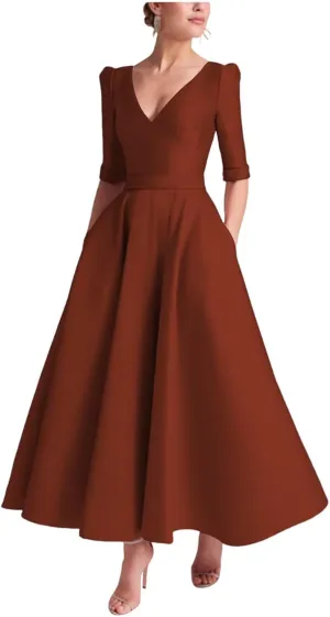 Tea Length Prom Dresses for Women Satin Elegant Formal Evening Gown A Line Wedding Guest Dress with Sleeves
