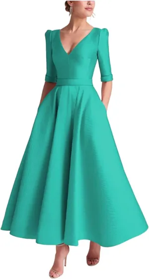 Tea Length Prom Dresses for Women Satin Elegant Formal Evening Gown A Line Wedding Guest Dress with Sleeves