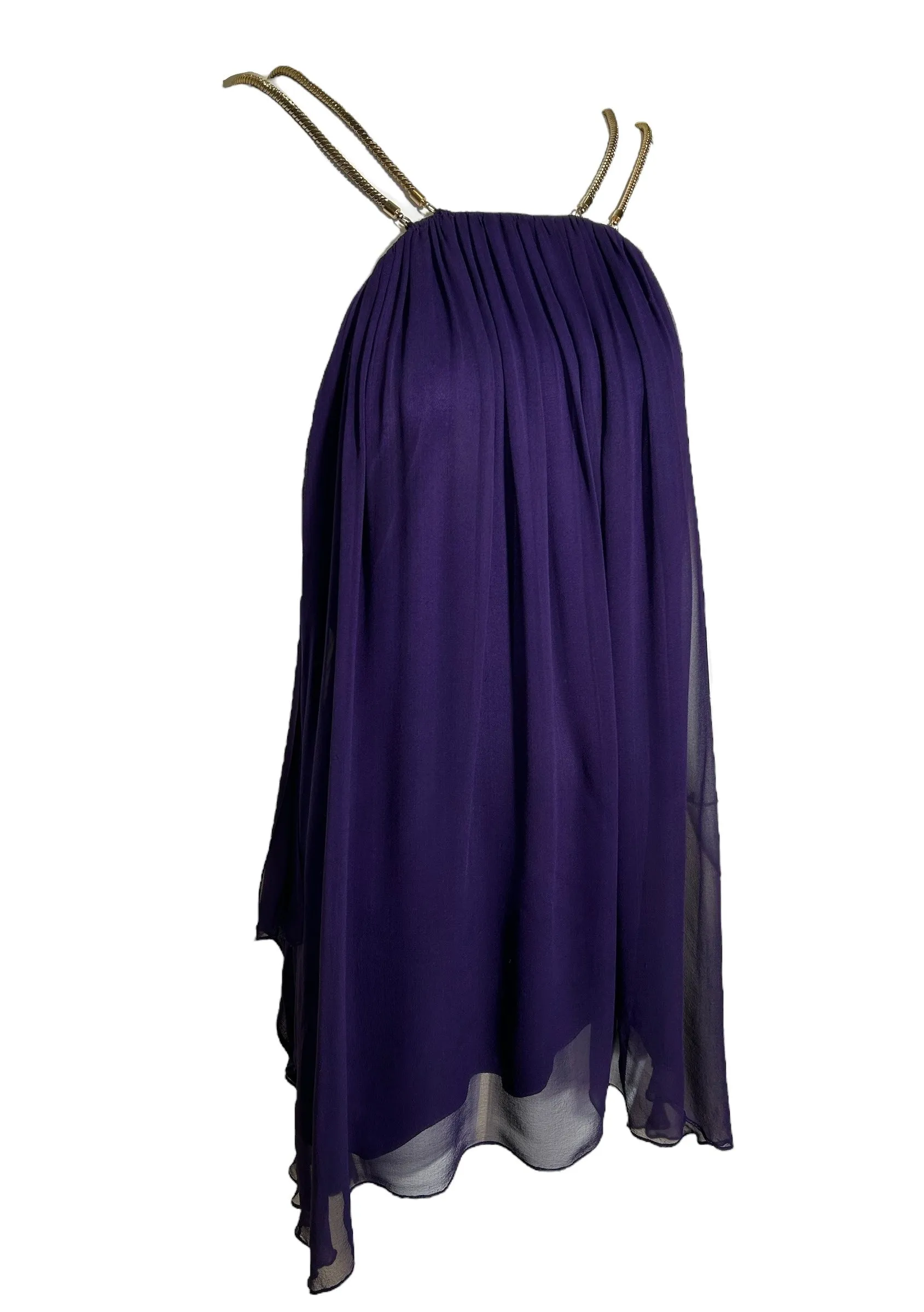Thomas Wylde Purple Chiffon Micro Dress with Golden Chain Straps