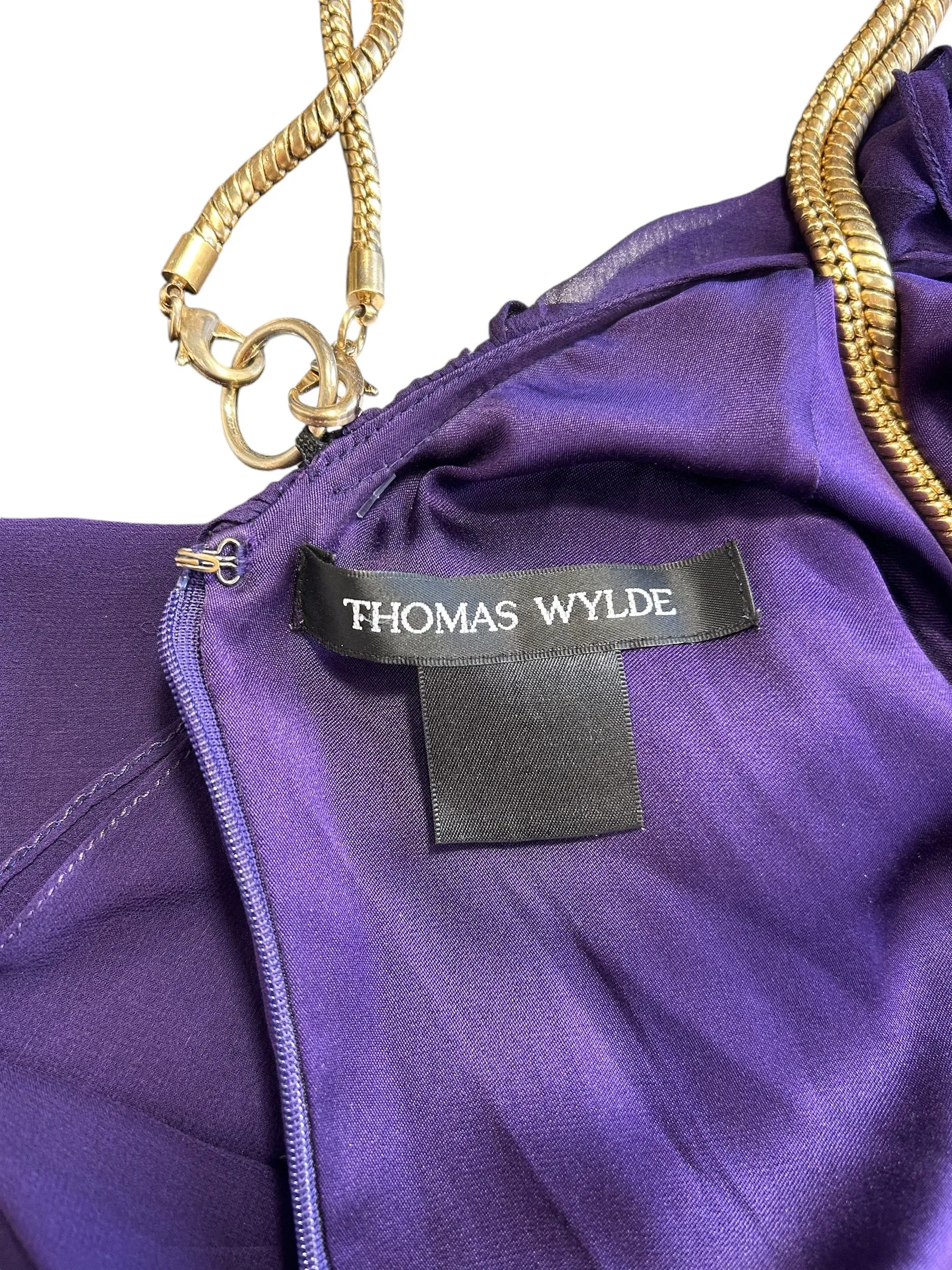 Thomas Wylde Purple Chiffon Micro Dress with Golden Chain Straps